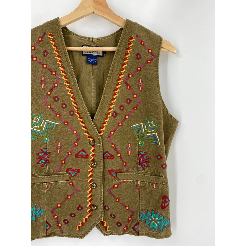 Ruff Hewn Vest Women Medium Olive Green Southwestern Embroidered Cotton Canvas